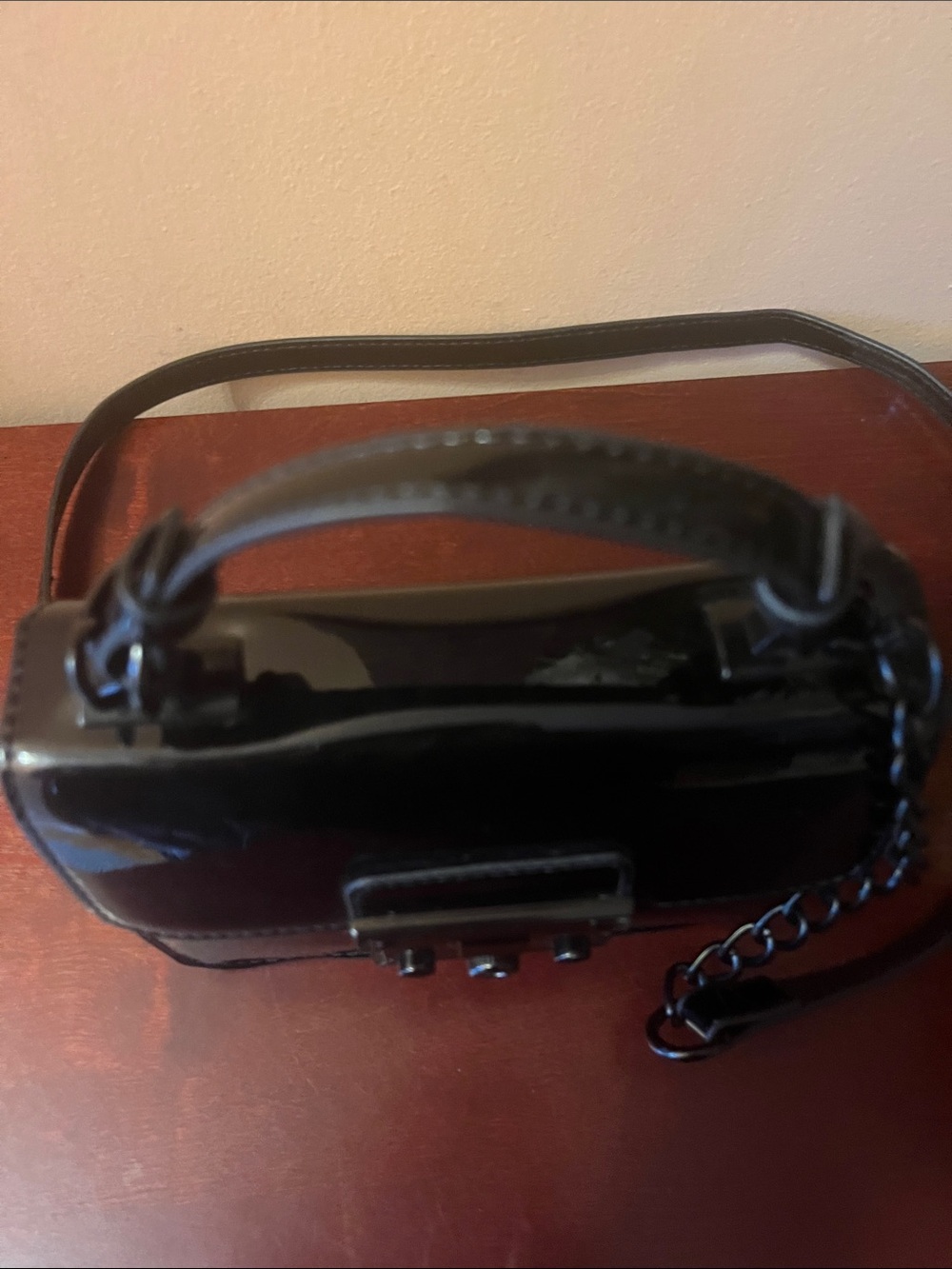 Patent-Style Black Gloss Crossbody with Chain Strap - Picture 8 of 9